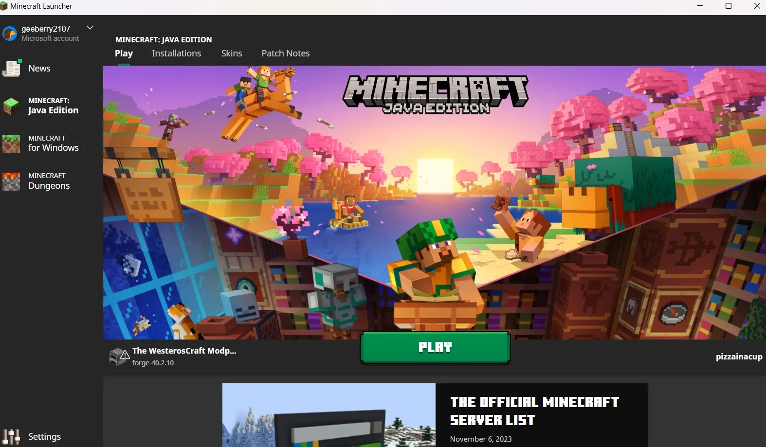 A screenshot of the minecraft launcher with the WesterosCraft modpack installed