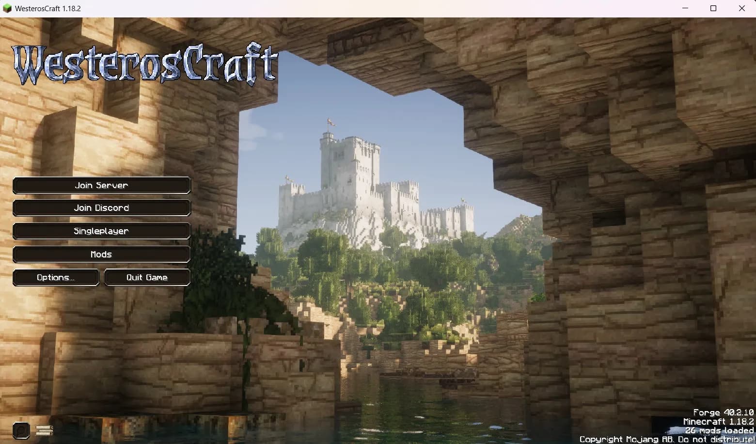 WesterosCraft modpack launcher main menu