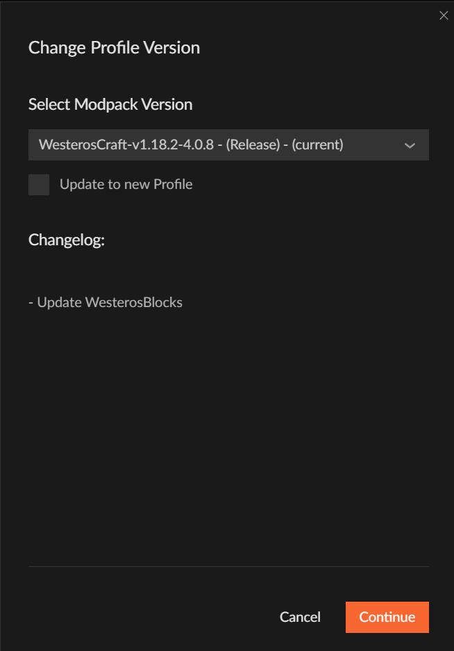 A screenshot of all the versions of the modpack available.